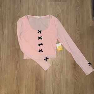 Sugar Moon Pink Mesh Long Sleeve Bow Top Coquette Scoop Neck Crop Medium NWT